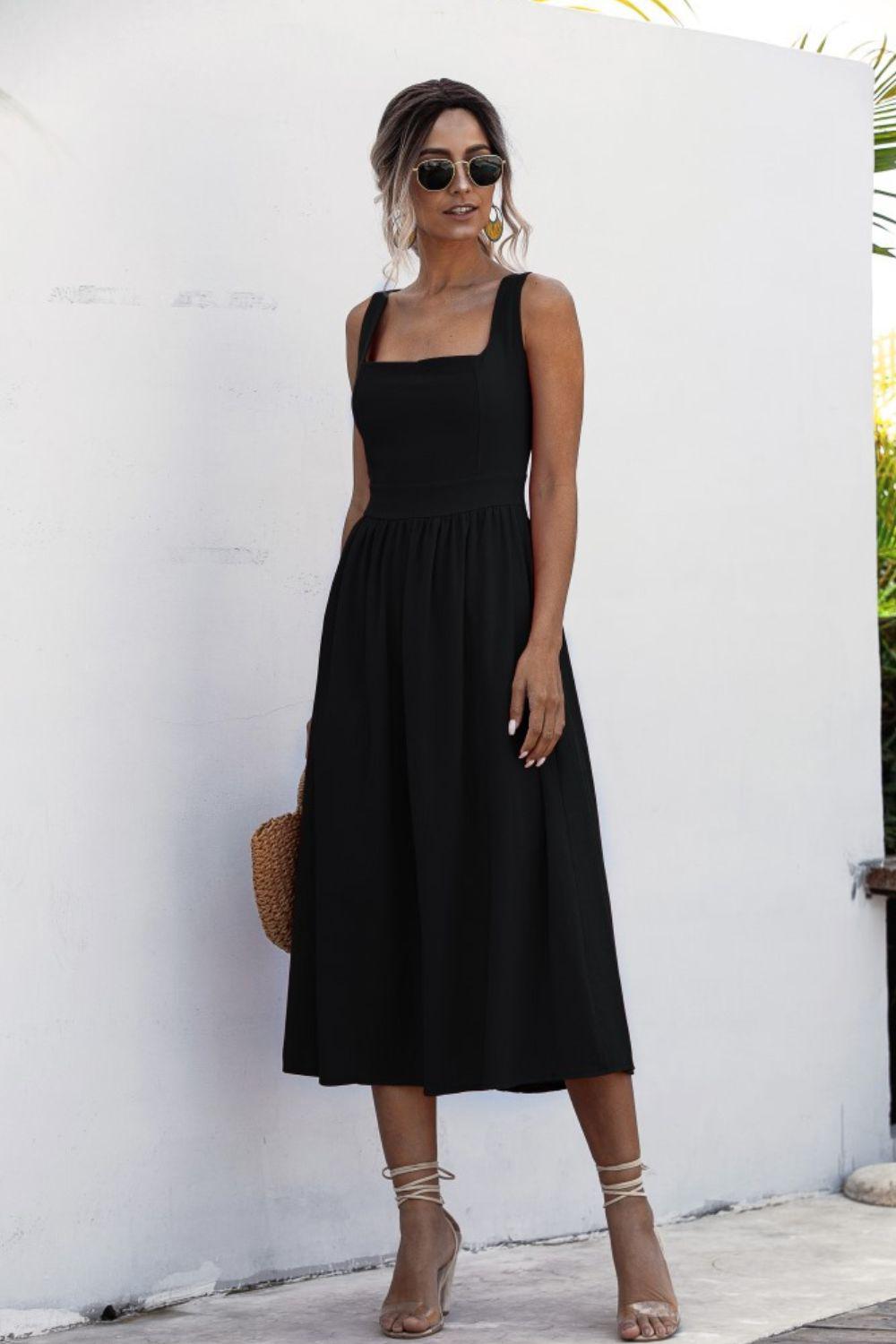 Square Neck Sleeveless Smocked Midi Dress BLUE ZONE PLANET