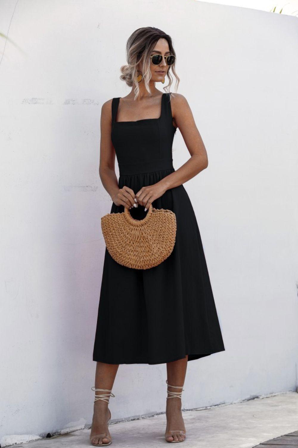 Square Neck Sleeveless Smocked Midi Dress BLUE ZONE PLANET