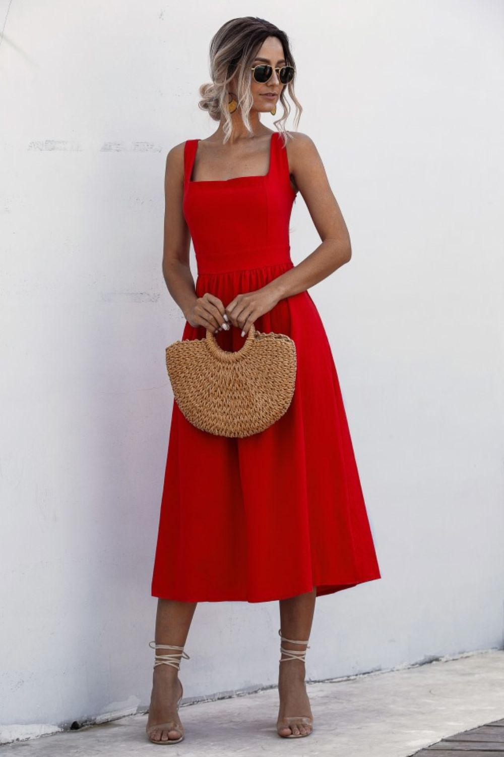 Square Neck Sleeveless Smocked Midi Dress BLUE ZONE PLANET