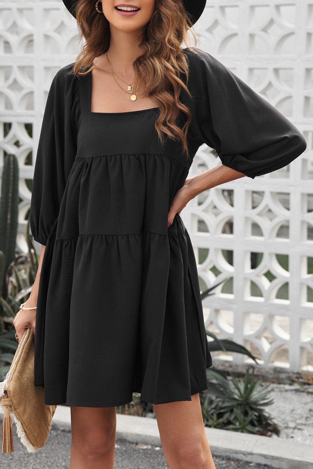Square Neck Tie Back Tiered Dress BLUE ZONE PLANET
