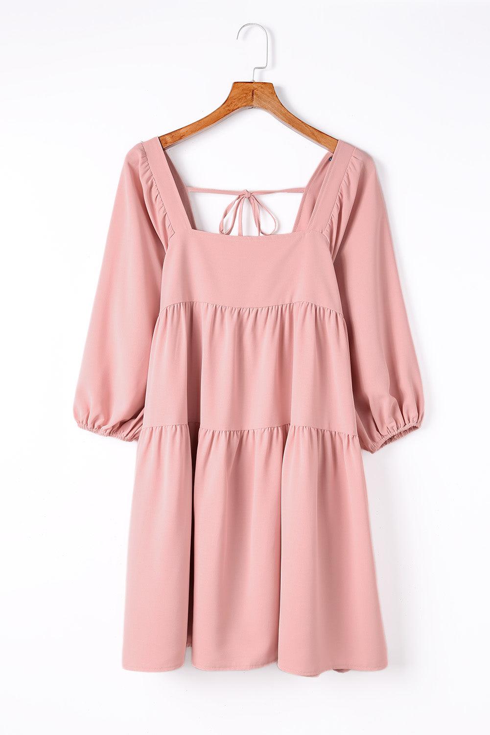 Square Neck Tie Back Tiered Dress BLUE ZONE PLANET