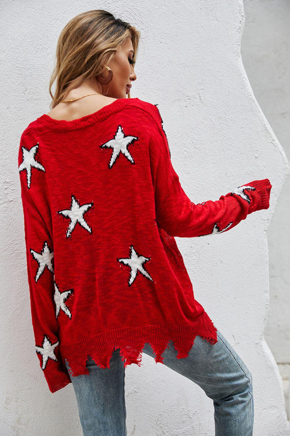 Star Pattern Distressed Sweater BLUE ZONE PLANET