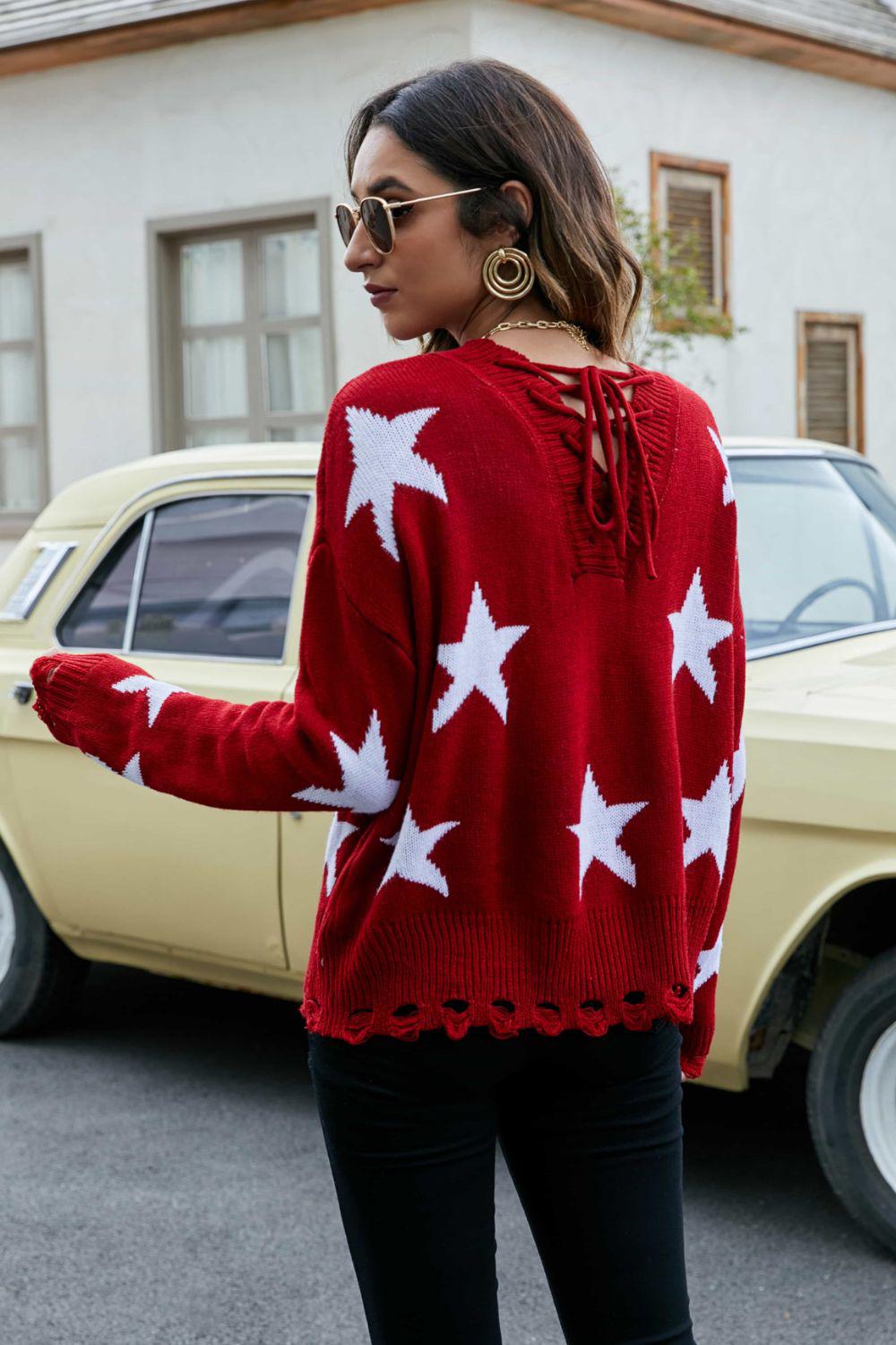 Star Pattern Lace-Up Drop Shoulder Sweater BLUE ZONE PLANET