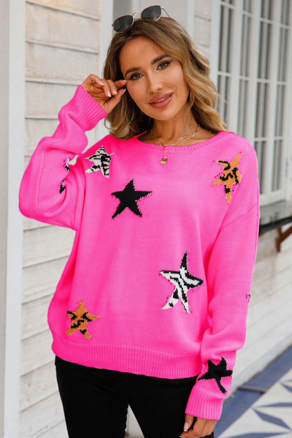 Star Pattern Round Neck Dropped Shoulder Sweater BLUE ZONE PLANET