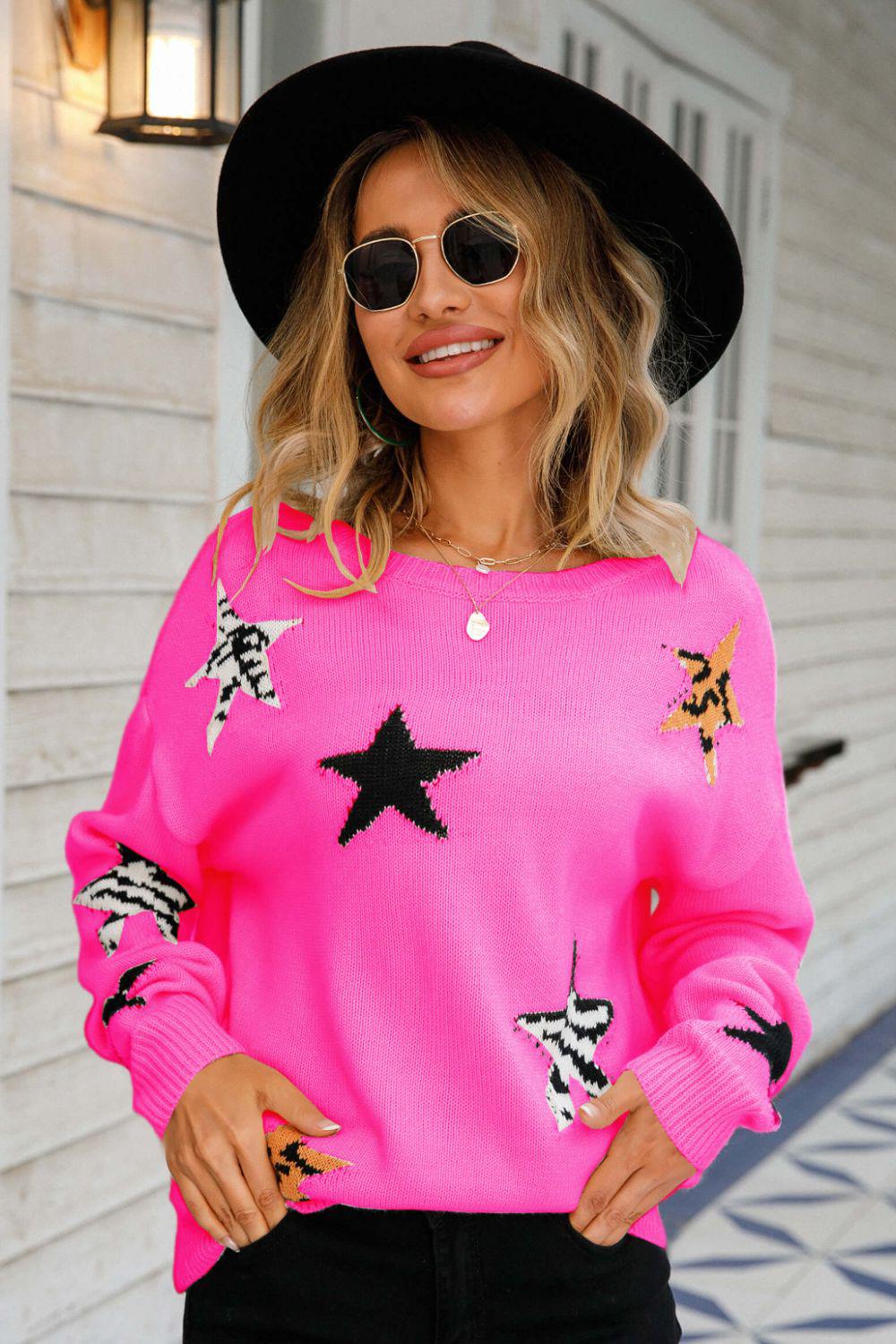 Star Pattern Round Neck Dropped Shoulder Sweater BLUE ZONE PLANET