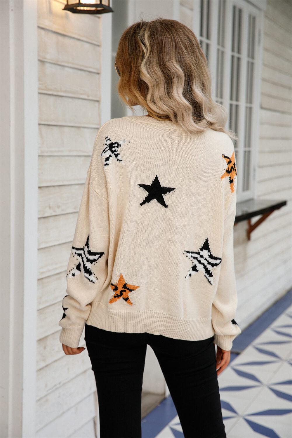 Star Pattern Round Neck Dropped Shoulder Sweater BLUE ZONE PLANET