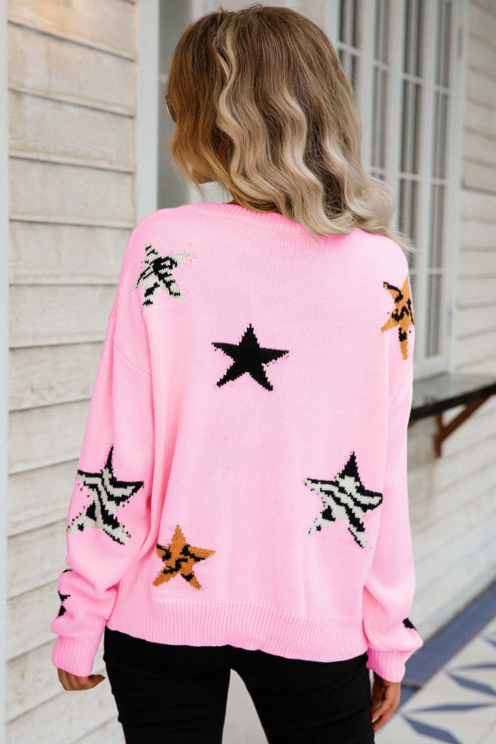 Star Pattern Round Neck Dropped Shoulder Sweater BLUE ZONE PLANET
