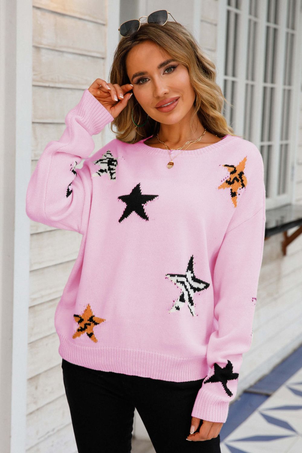 Star Pattern Round Neck Dropped Shoulder Sweater BLUE ZONE PLANET