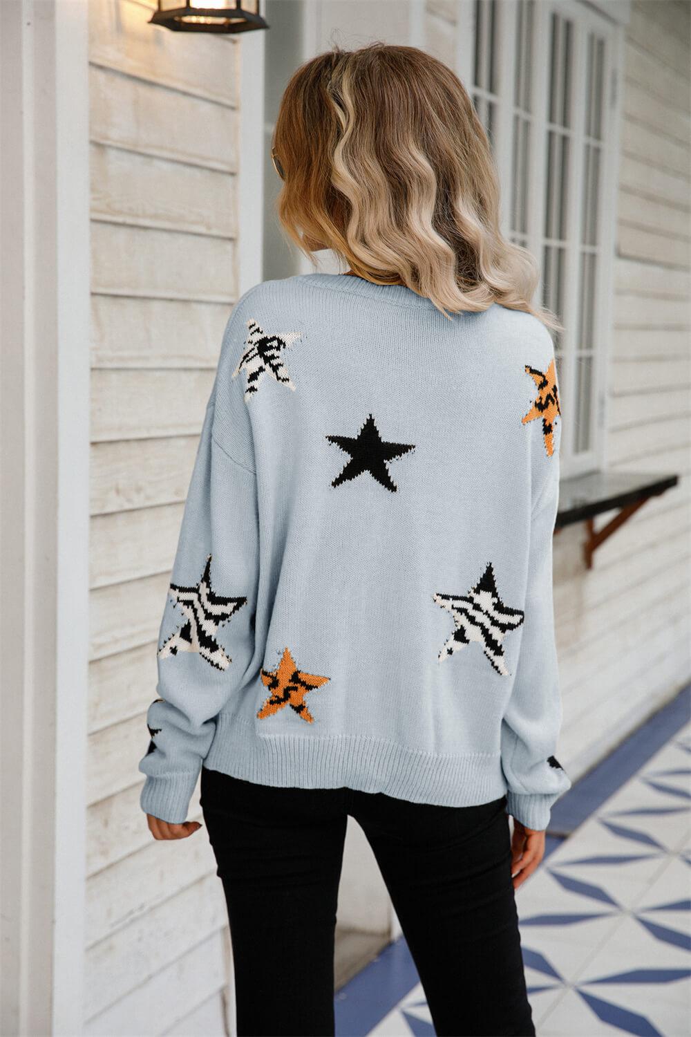 Star Pattern Round Neck Dropped Shoulder Sweater BLUE ZONE PLANET