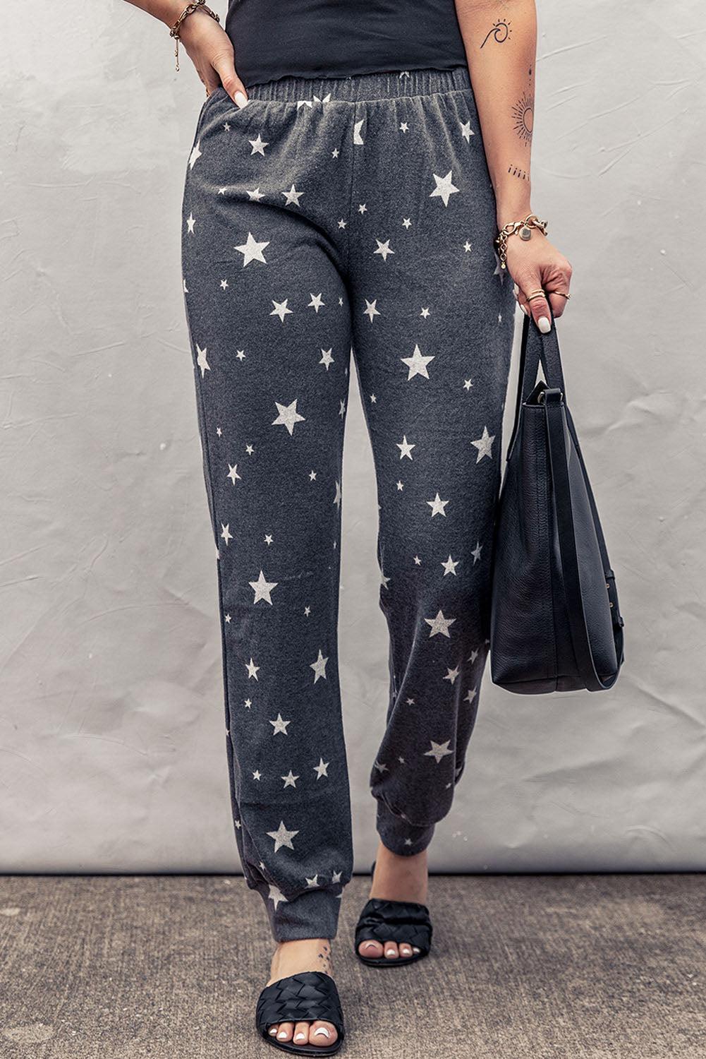 Star Print Elastic Waist Joggers BLUE ZONE PLANET