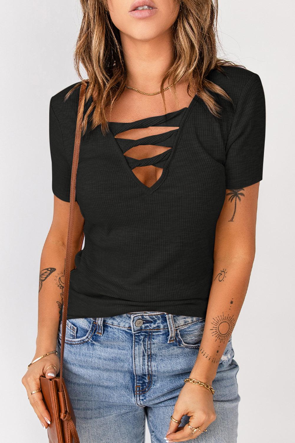 Strappy Ribbed Knit T-Shirt BLUE ZONE PLANET