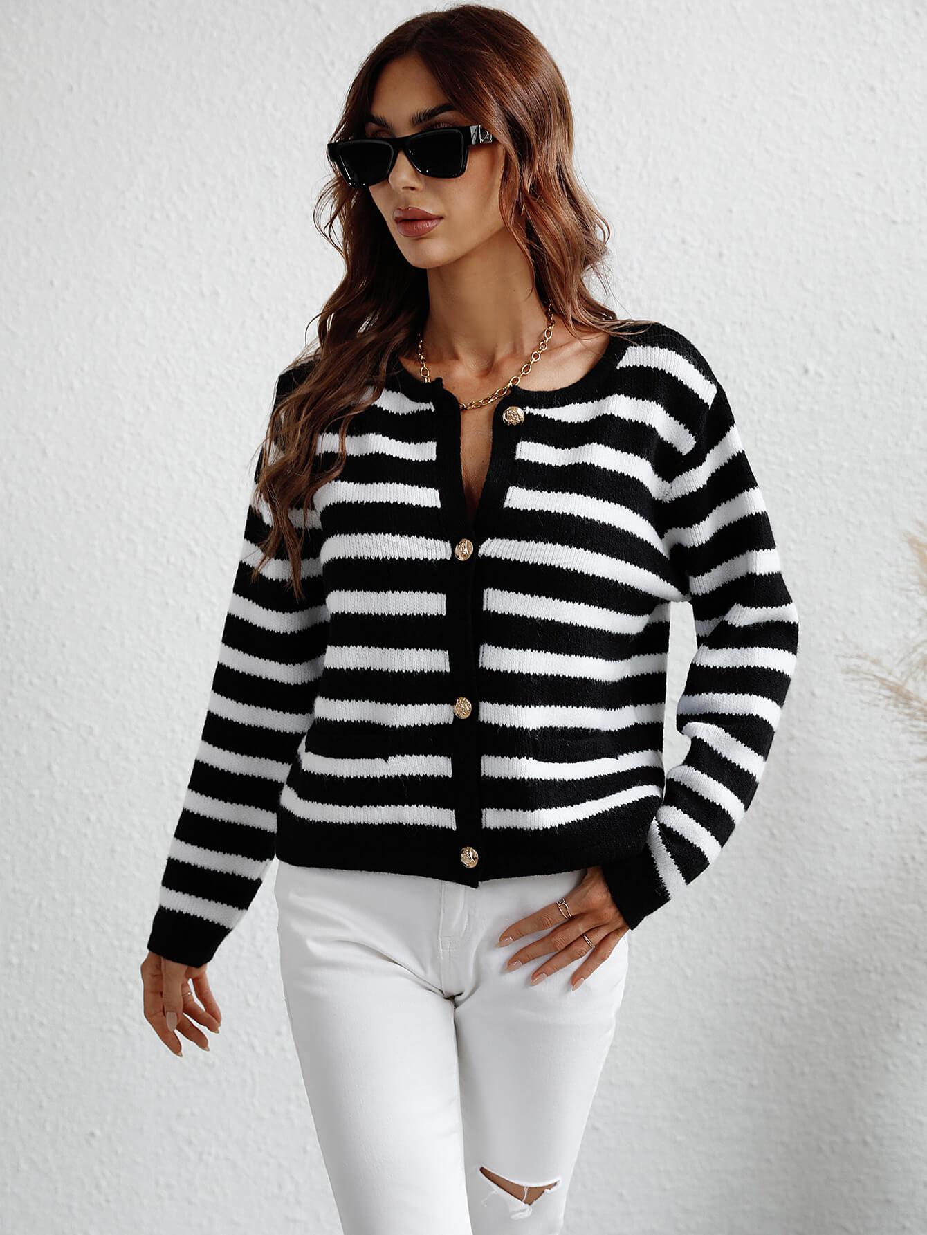 Striped Button Front Cardigan BLUE ZONE PLANET