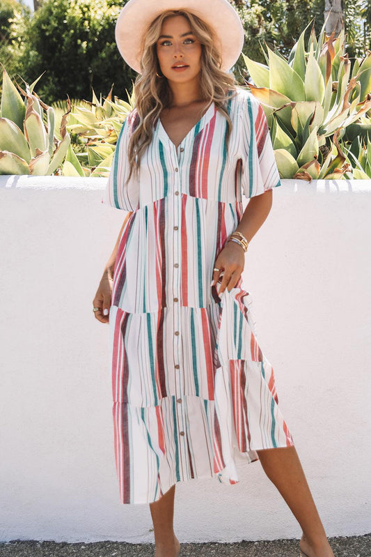 Striped Button Front Flutter Sleeve Tiered Shirt Midi Dress BLUE ZONE PLANET