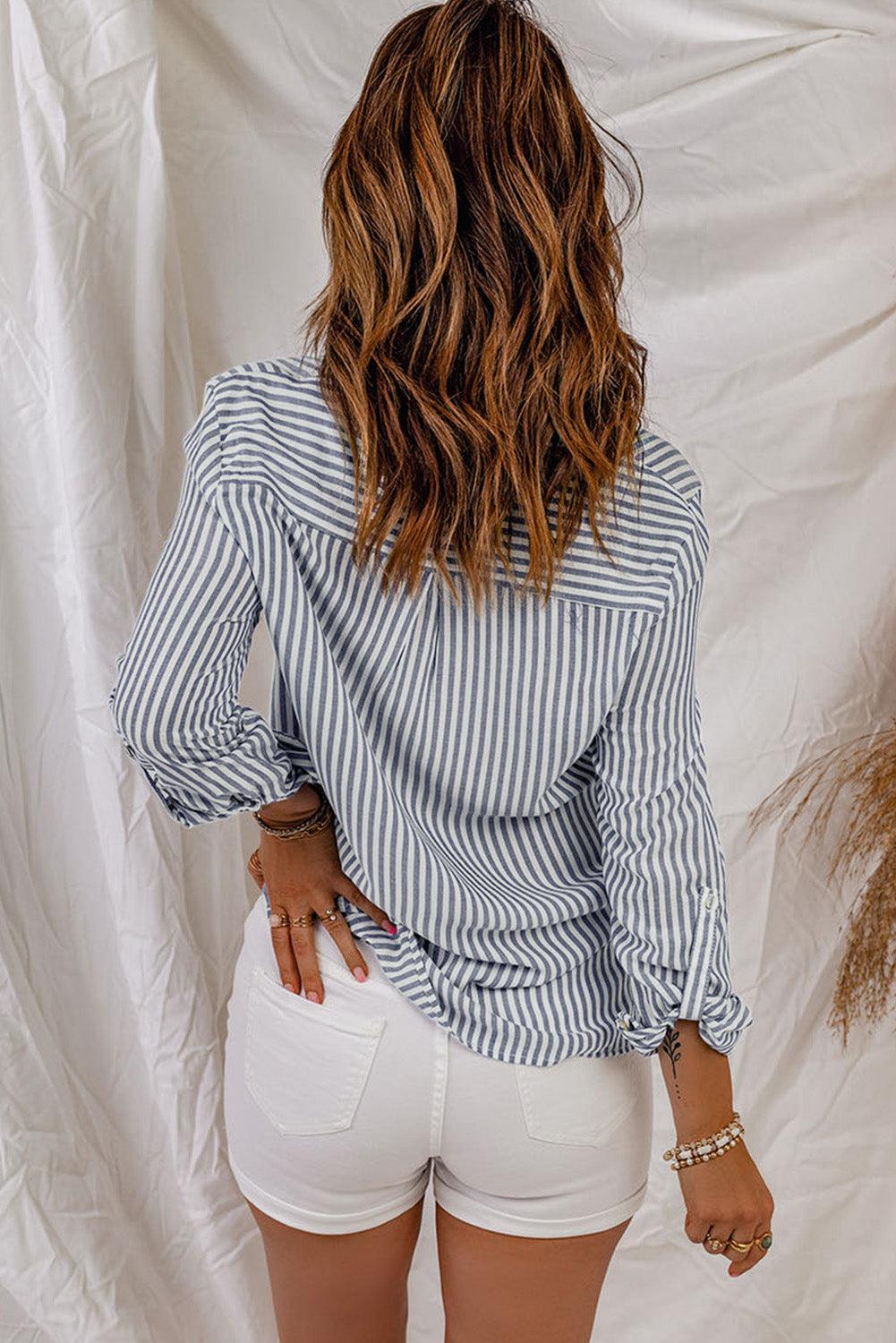 Striped Button-Up Roll-Tab Sleeve Shirt BLUE ZONE PLANET