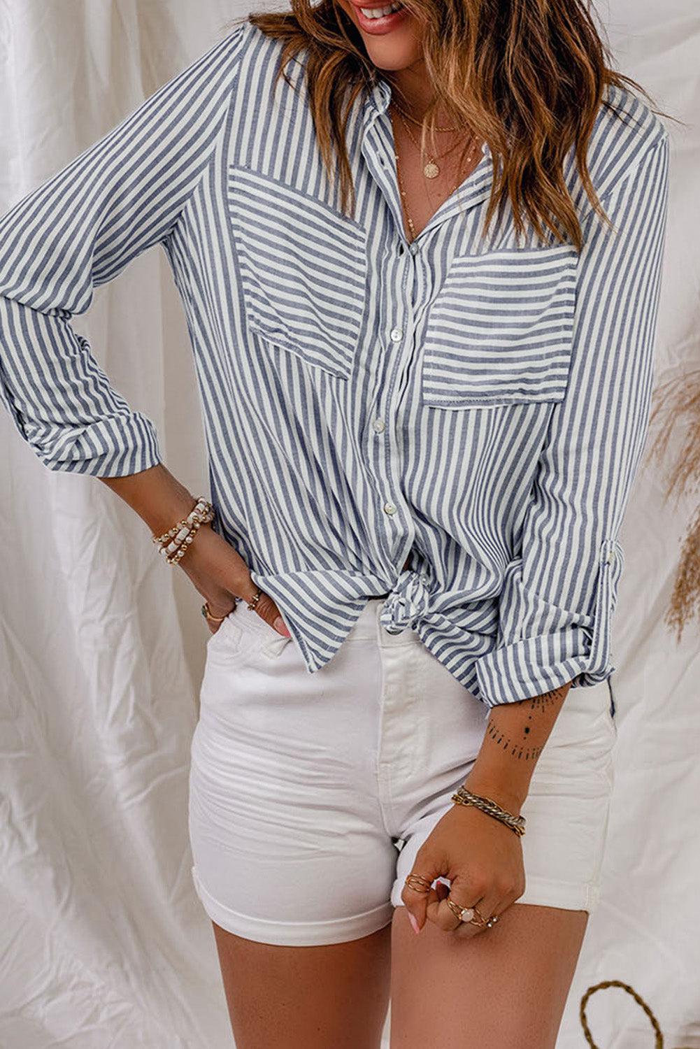 Striped Button-Up Roll-Tab Sleeve Shirt BLUE ZONE PLANET