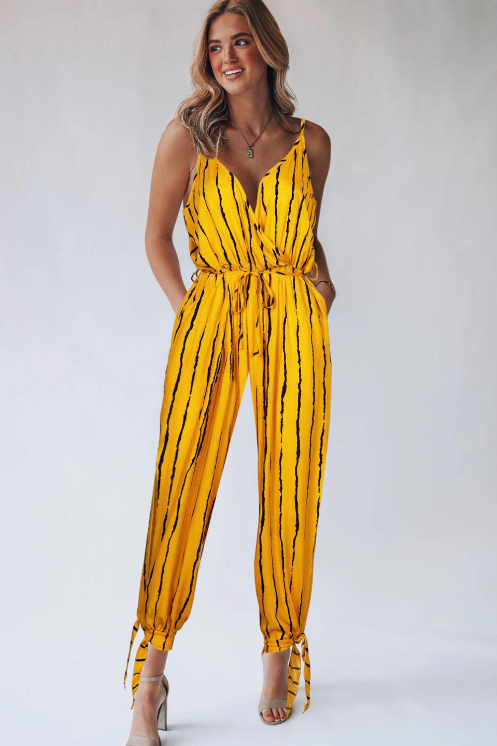 Striped Contrast Tie Ankle Spaghetti Strap Jumpsuit BLUE ZONE PLANET