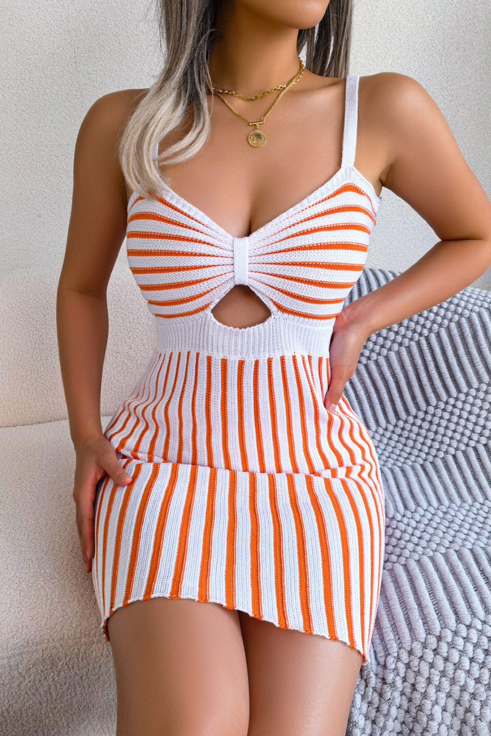 Striped Cutout Spaghetti Strap Knit Dress BLUE ZONE PLANET