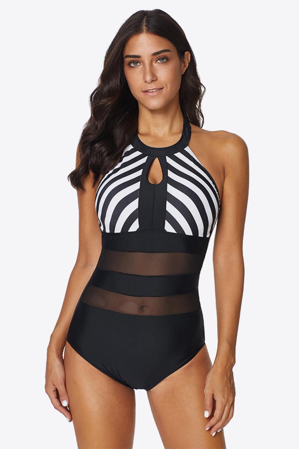 Striped Cutout Spliced Mesh Halter Neck One-Piece Swimsuit BLUE ZONE PLANET