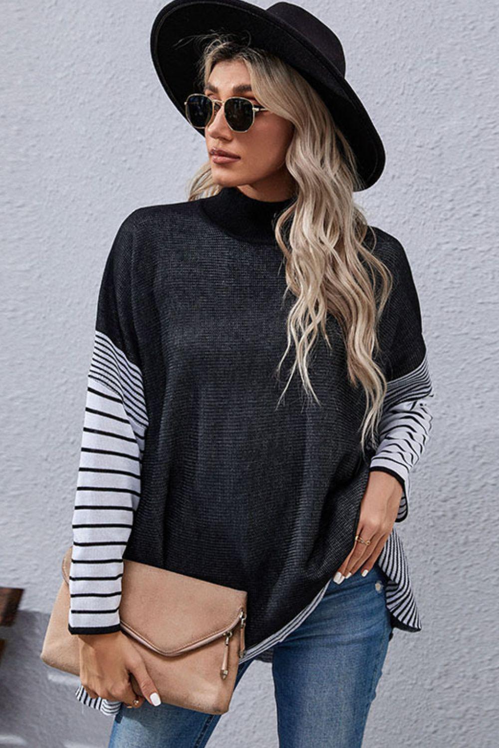 Striped Dolman Sleeve Mock Neck Knit Pullover BLUE ZONE PLANET