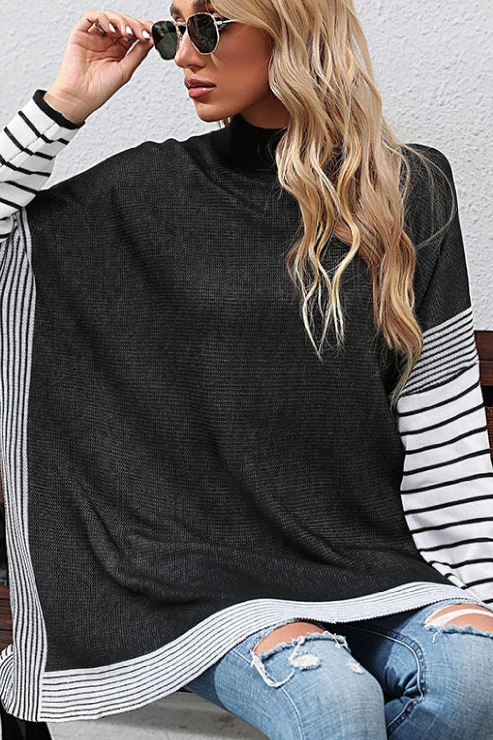 Striped Dolman Sleeve Mock Neck Knit Pullover BLUE ZONE PLANET