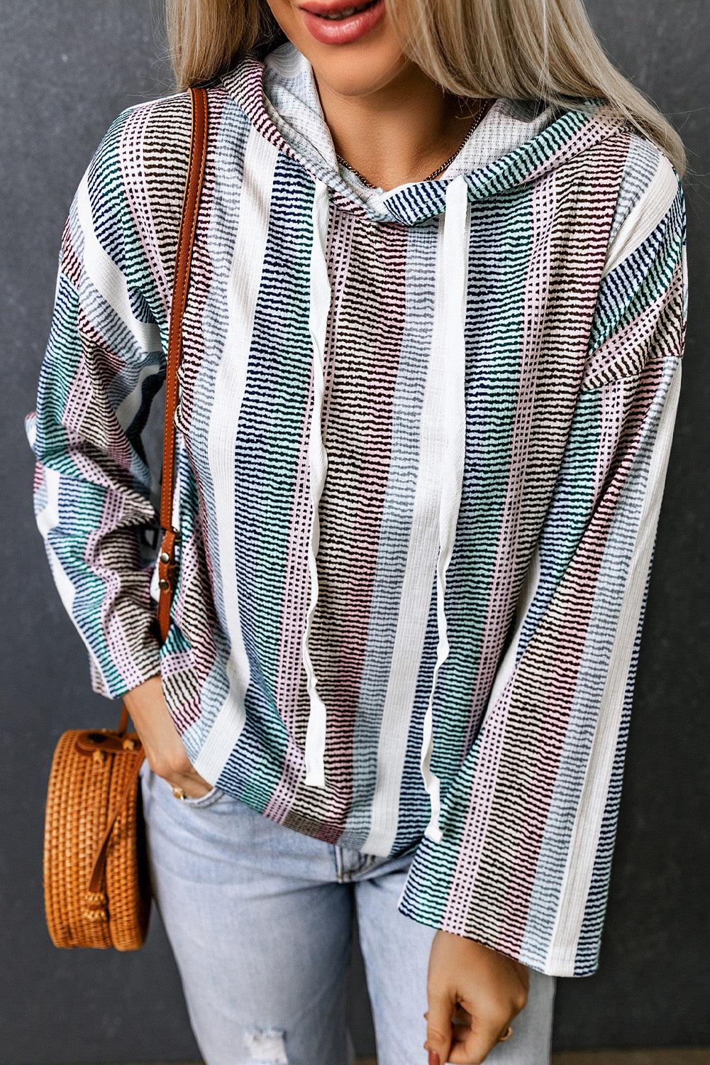 Striped Drawstring Detail Drop Shoulder Hoodie BLUE ZONE PLANET