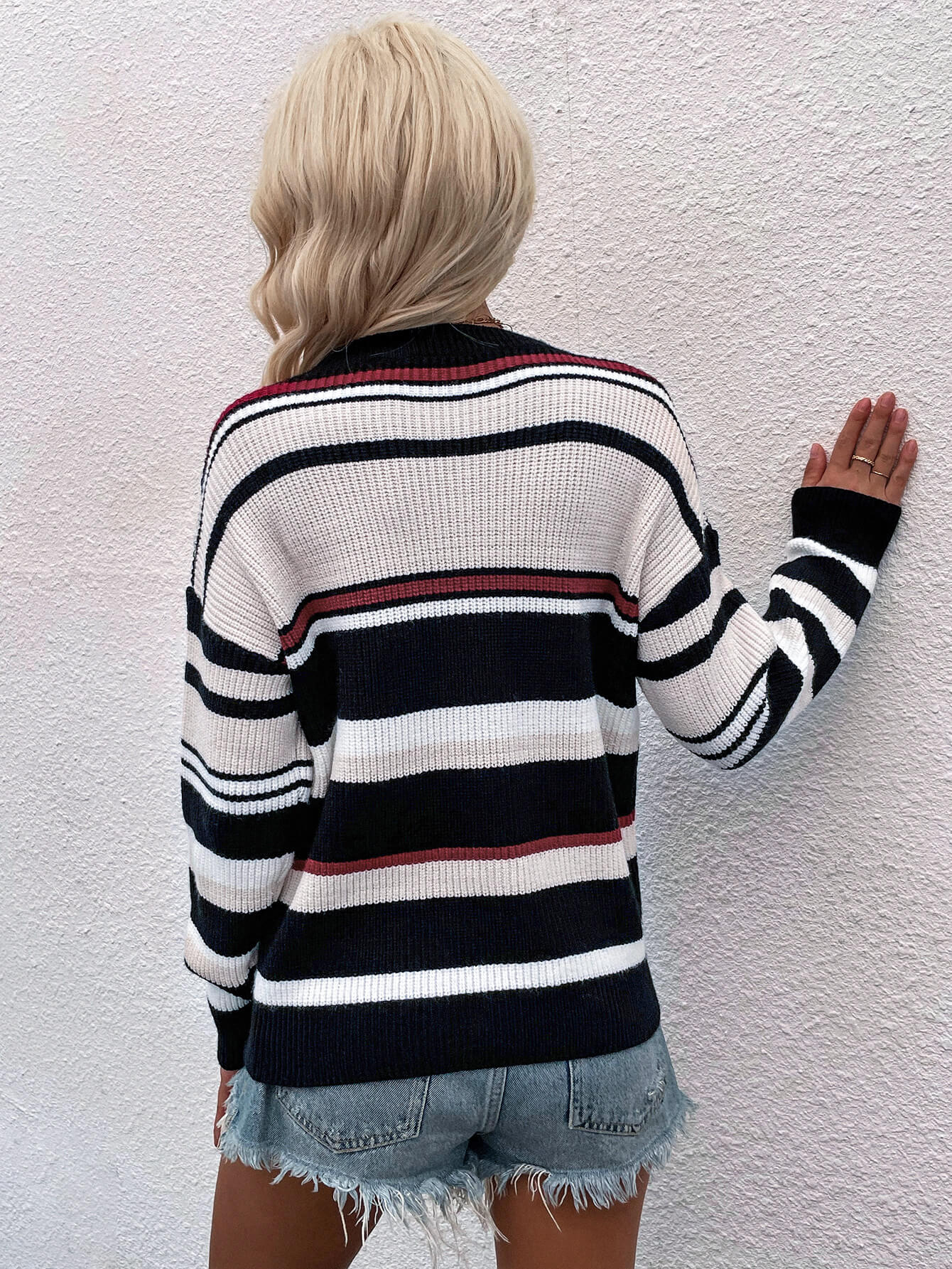 Striped Drop Shoulder Round Neck Pullover Sweater BLUE ZONE PLANET