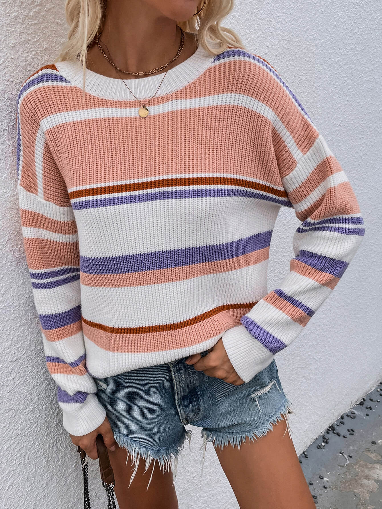 Striped Drop Shoulder Round Neck Pullover Sweater BLUE ZONE PLANET