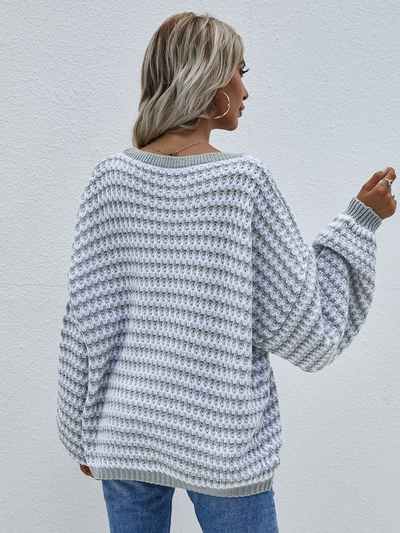 Striped Drop Shoulder V-Neck Pullover Sweater BLUE ZONE PLANET