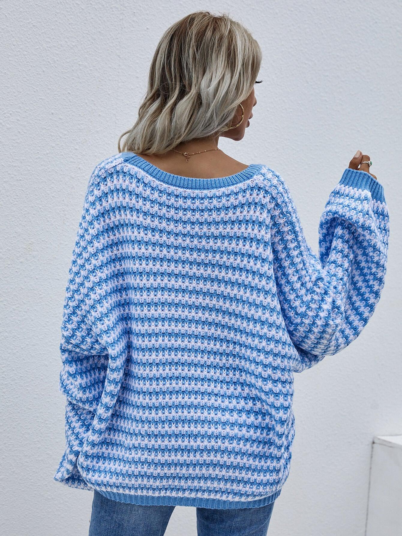 Striped Drop Shoulder V-Neck Pullover Sweater BLUE ZONE PLANET