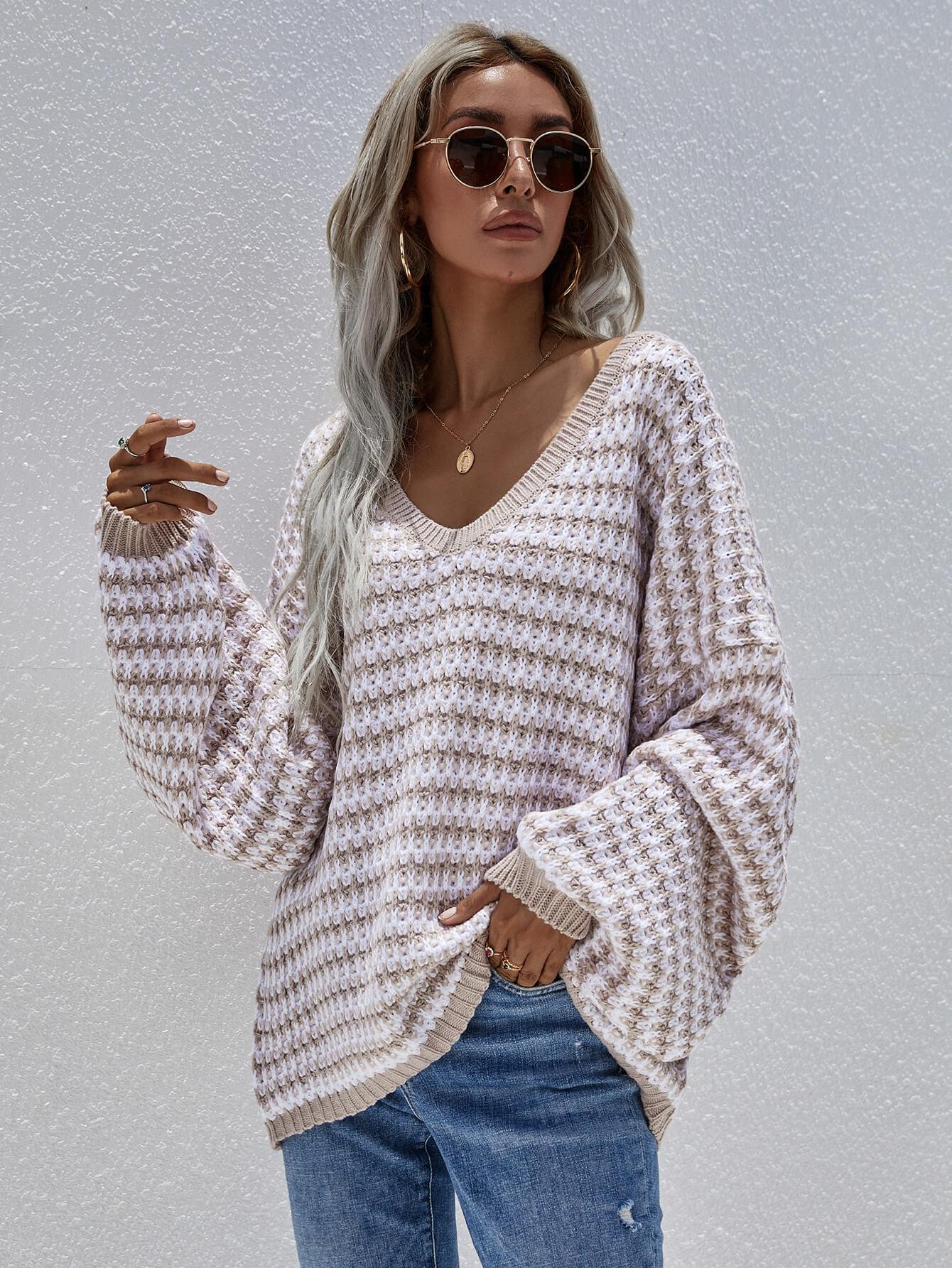 Striped Drop Shoulder V-Neck Pullover Sweater BLUE ZONE PLANET