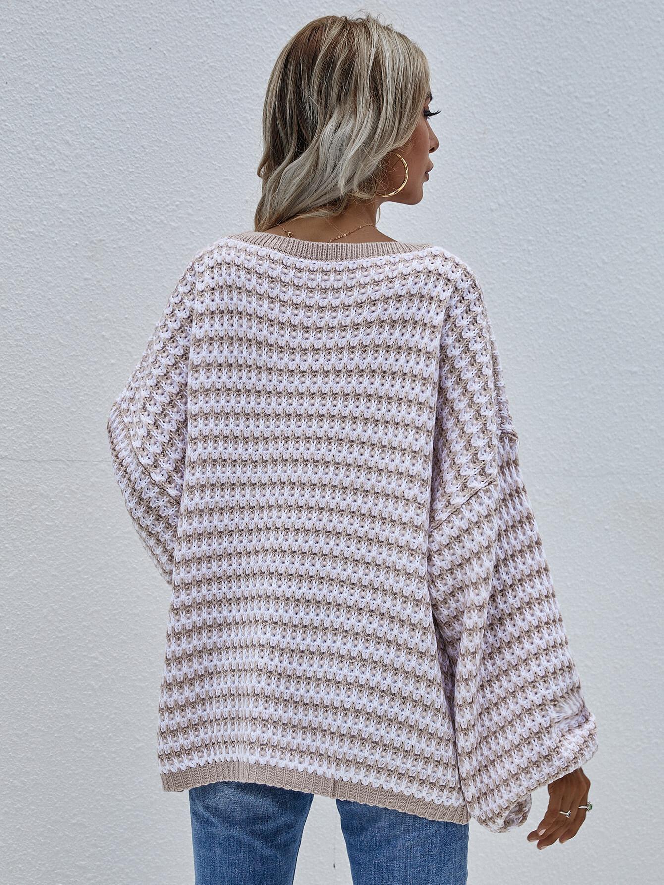 Striped Drop Shoulder V-Neck Pullover Sweater BLUE ZONE PLANET