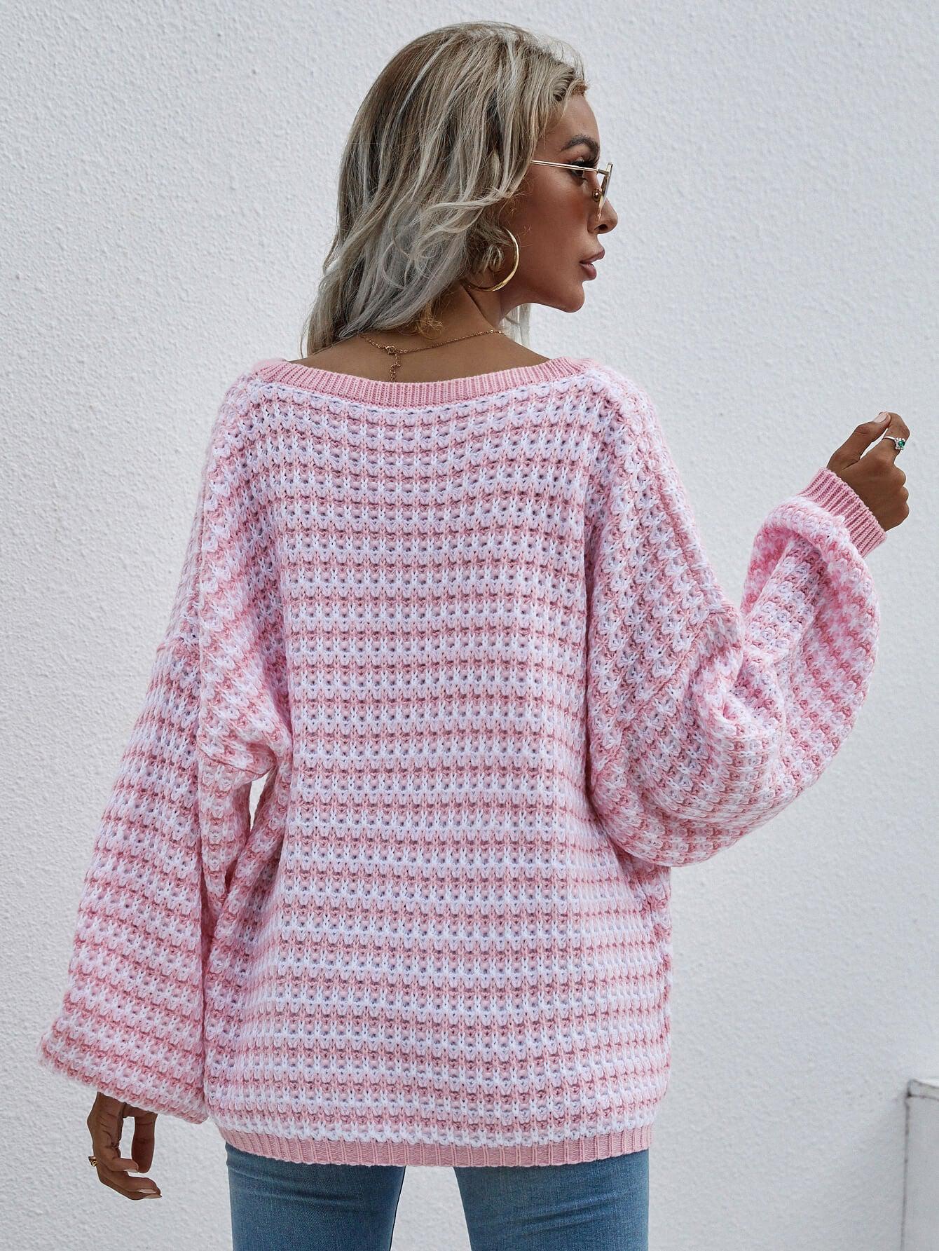 Striped Drop Shoulder V-Neck Pullover Sweater BLUE ZONE PLANET