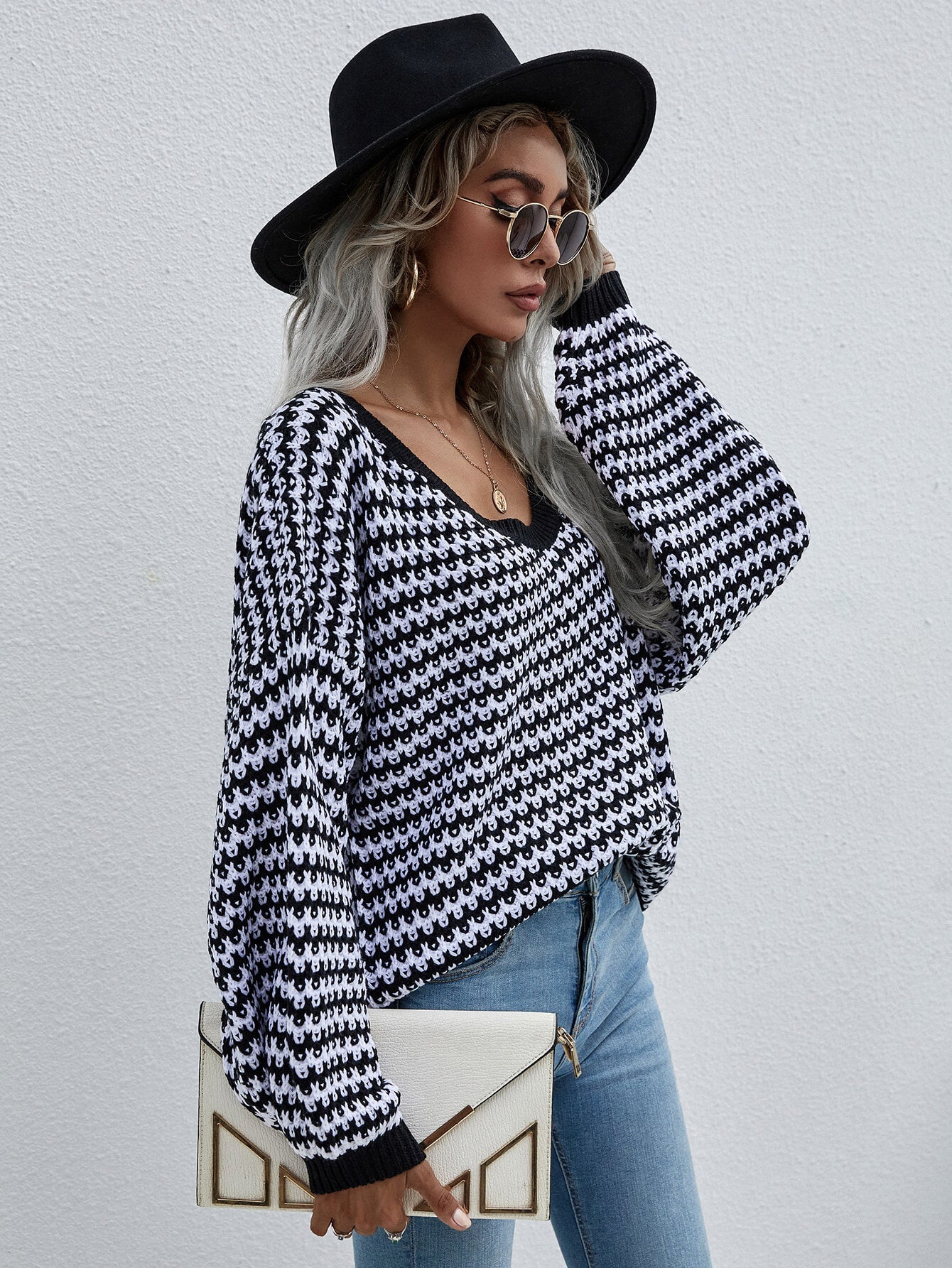 Striped Drop Shoulder V-Neck Pullover Sweater BLUE ZONE PLANET
