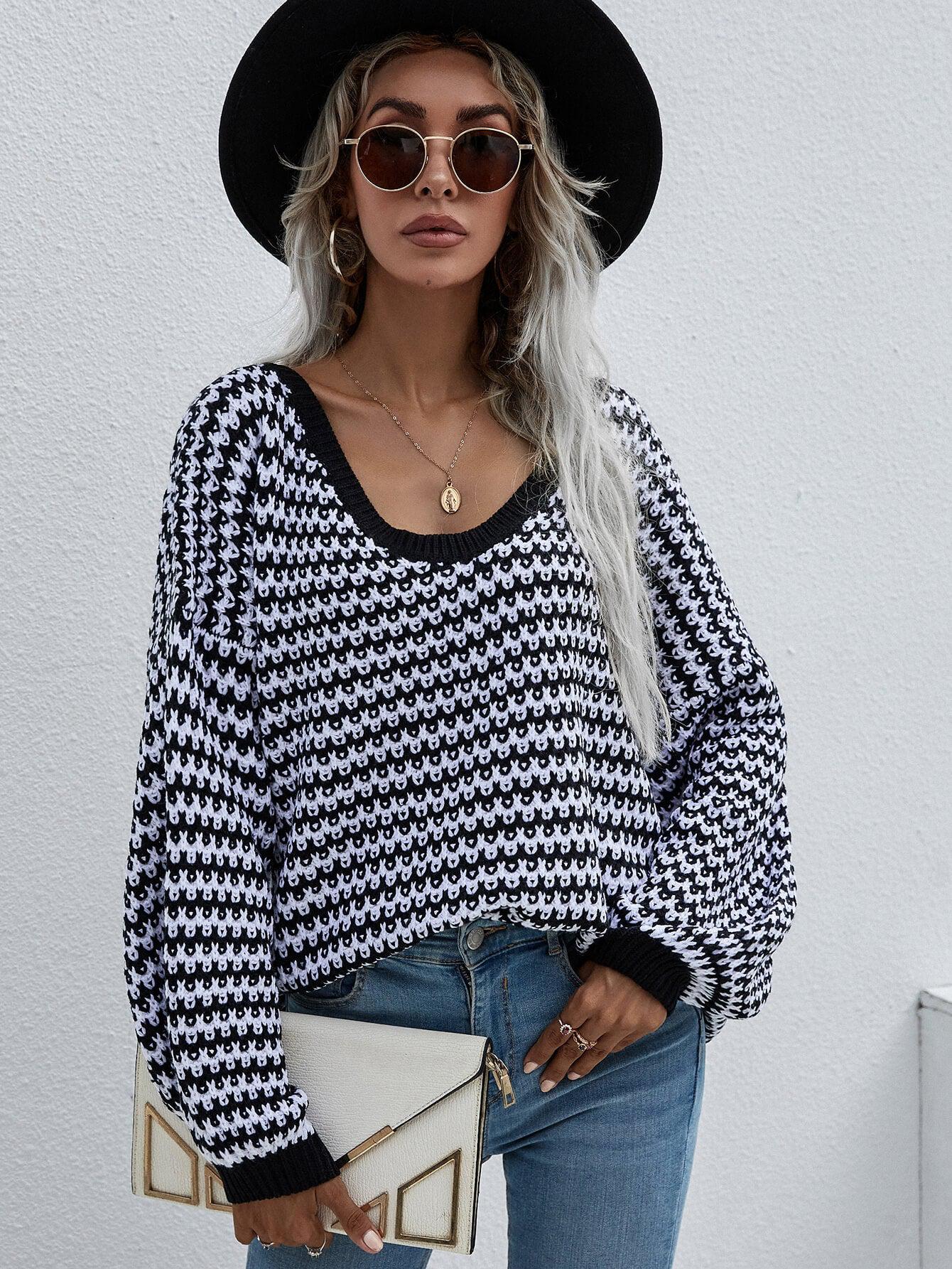 Striped Drop Shoulder V-Neck Pullover Sweater BLUE ZONE PLANET