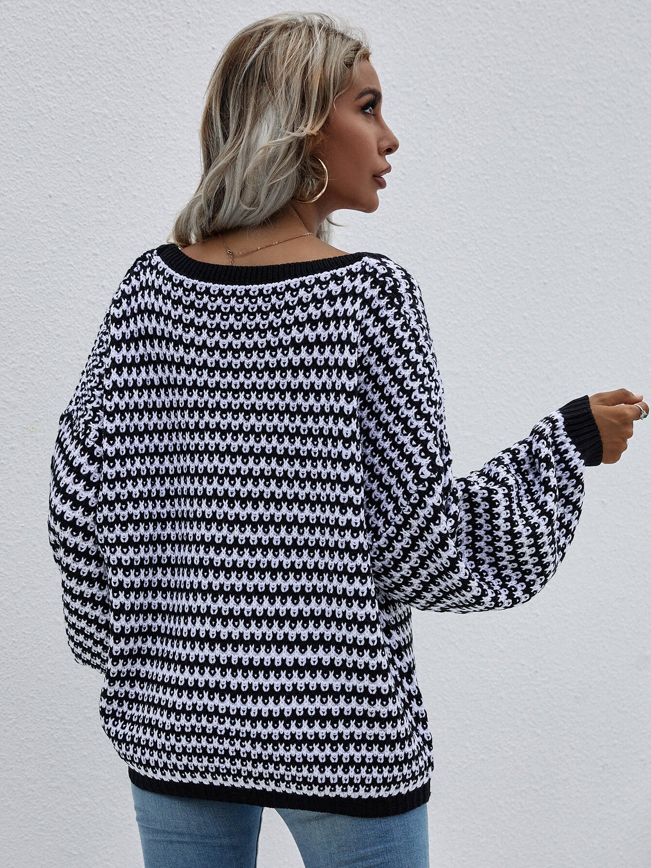 Striped Drop Shoulder V-Neck Pullover Sweater BLUE ZONE PLANET