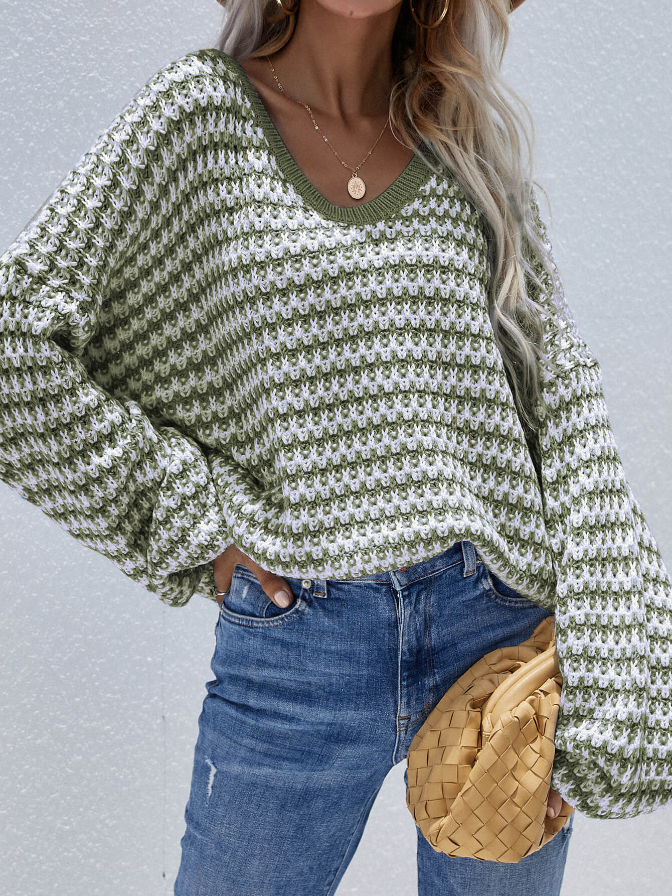Striped Drop Shoulder V-Neck Pullover Sweater BLUE ZONE PLANET