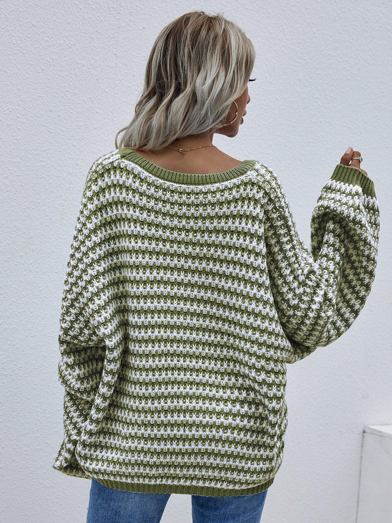 Striped Drop Shoulder V-Neck Pullover Sweater BLUE ZONE PLANET
