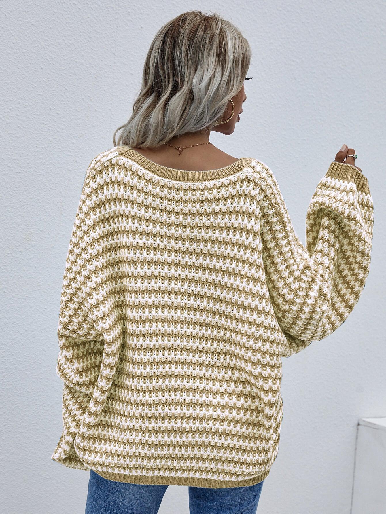 Striped Drop Shoulder V-Neck Pullover Sweater BLUE ZONE PLANET