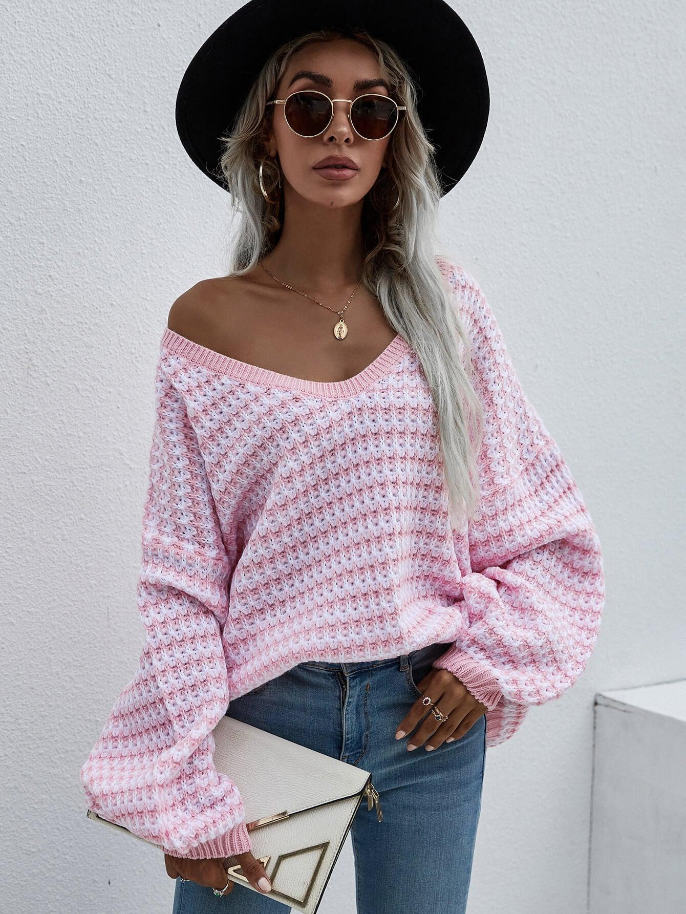 Striped Drop Shoulder V-Neck Pullover Sweater BLUE ZONE PLANET