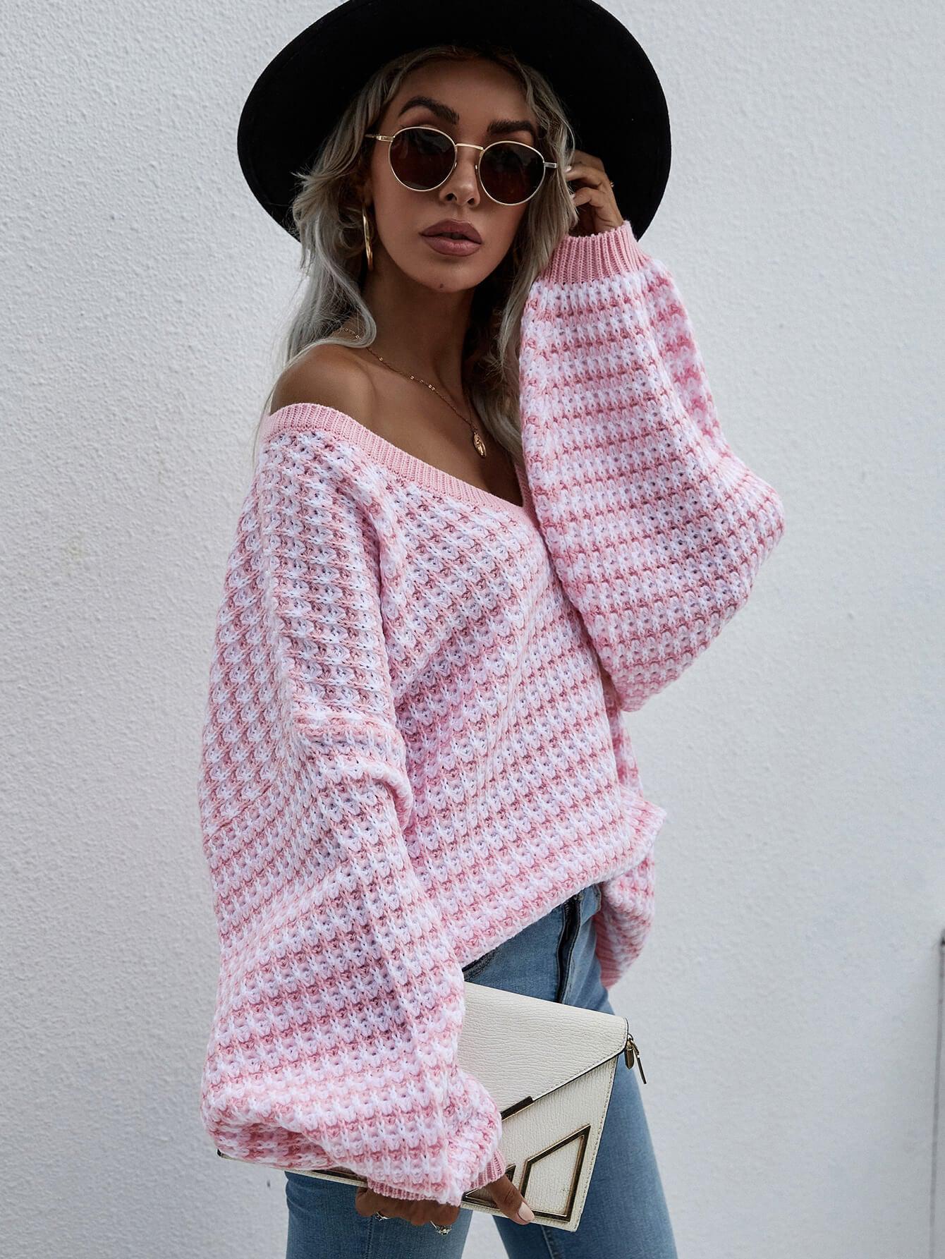 Striped Drop Shoulder V-Neck Pullover Sweater BLUE ZONE PLANET