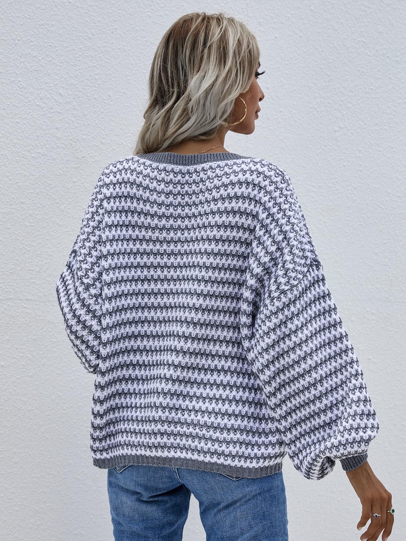 Striped Drop Shoulder V-Neck Pullover Sweater BLUE ZONE PLANET