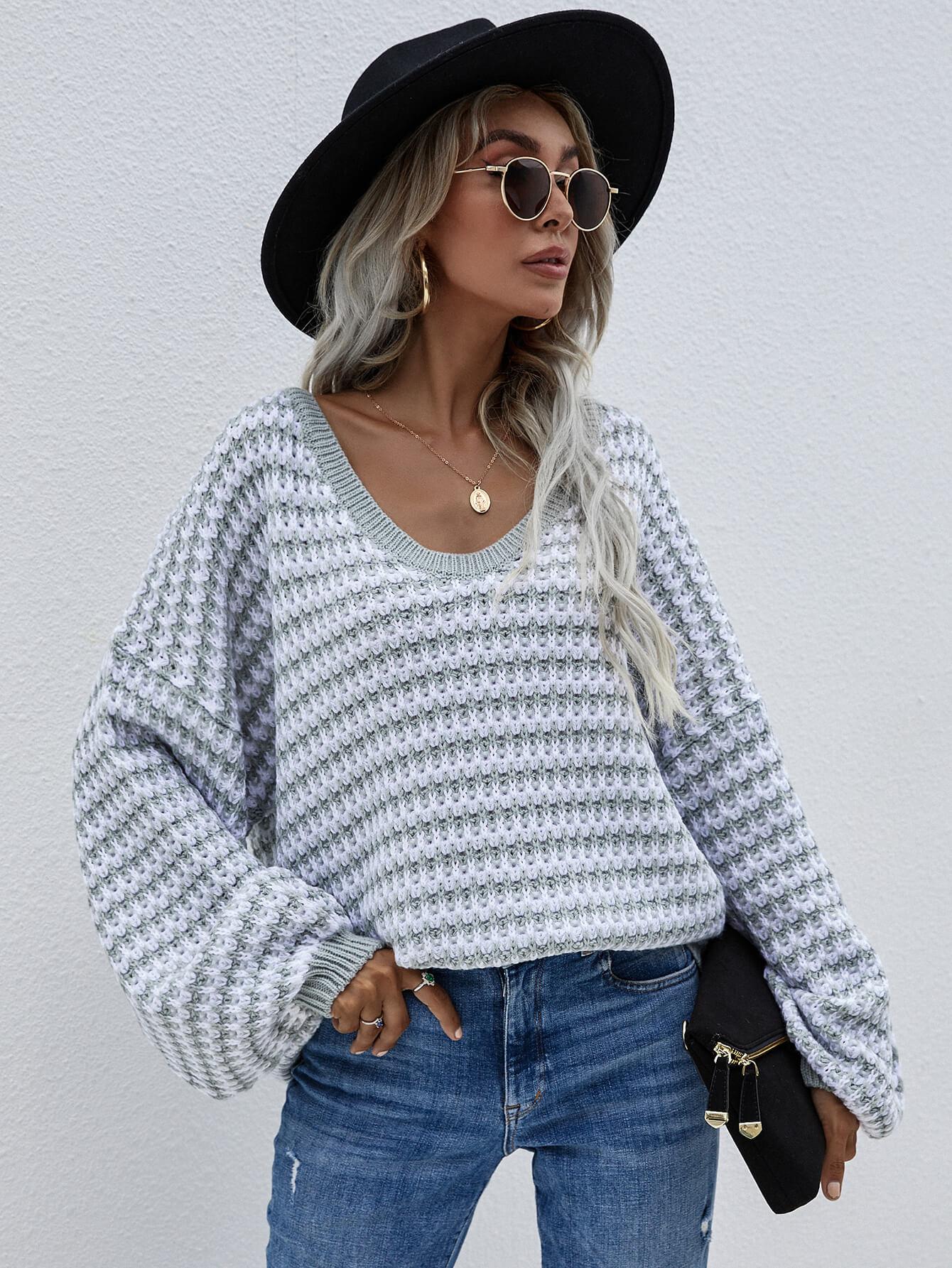 Striped Drop Shoulder V-Neck Pullover Sweater BLUE ZONE PLANET