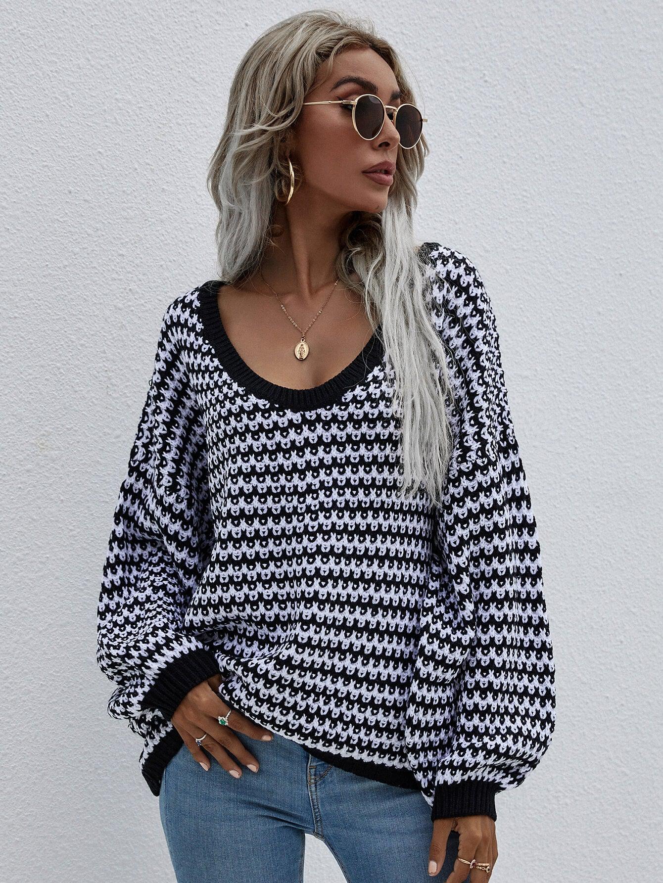 Striped Drop Shoulder V-Neck Pullover Sweater BLUE ZONE PLANET