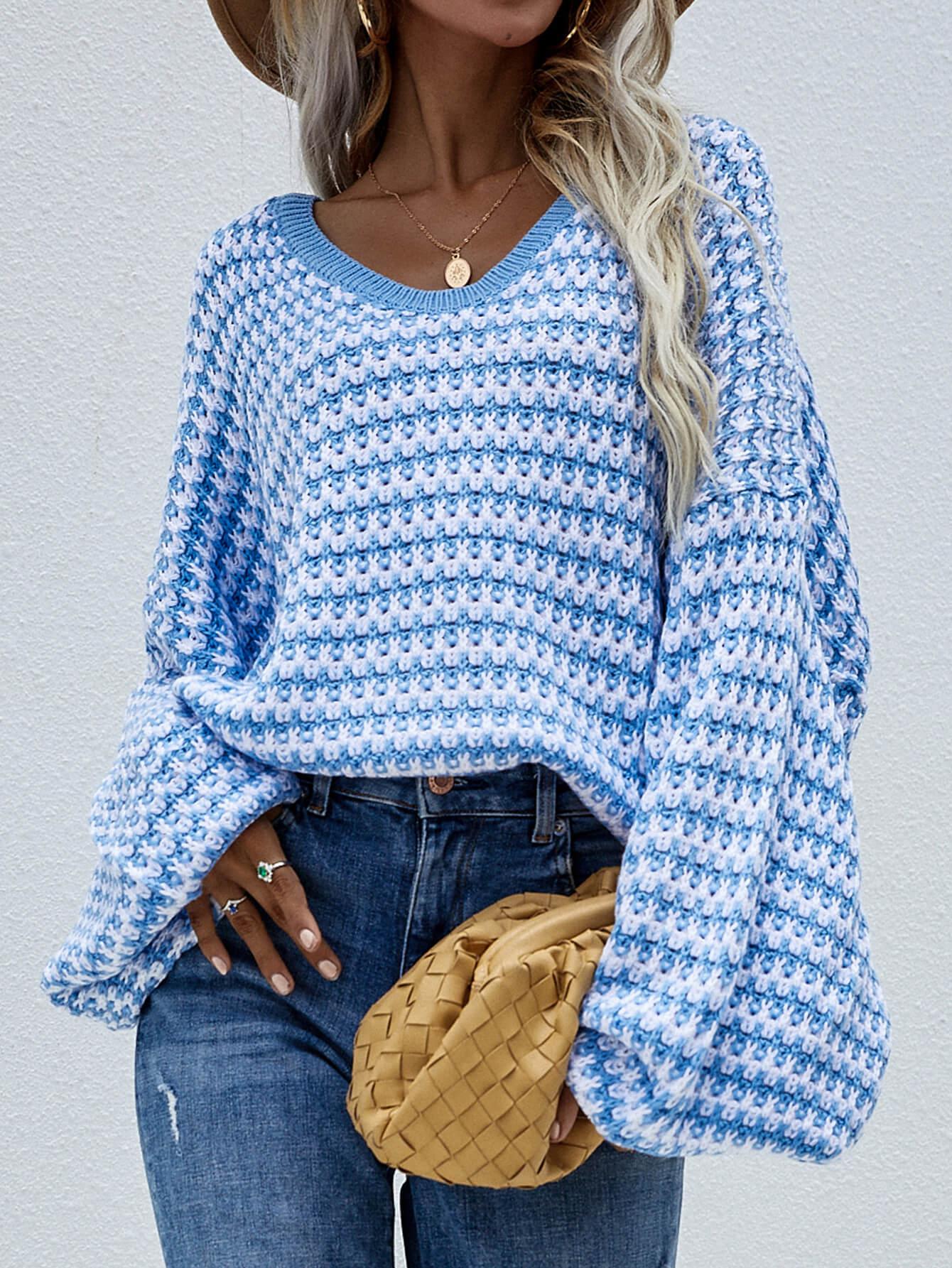 Striped Drop Shoulder V-Neck Pullover Sweater BLUE ZONE PLANET