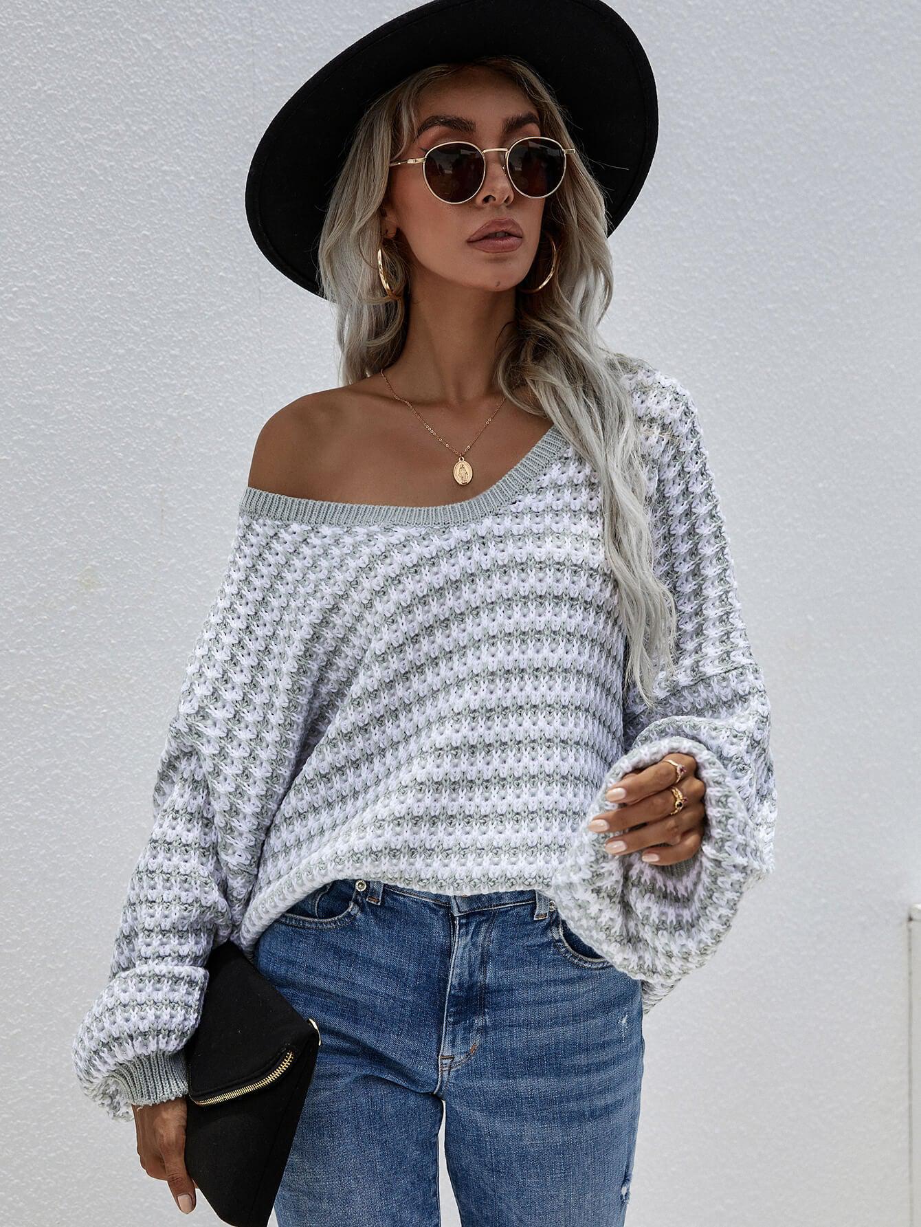 Striped Drop Shoulder V-Neck Pullover Sweater BLUE ZONE PLANET