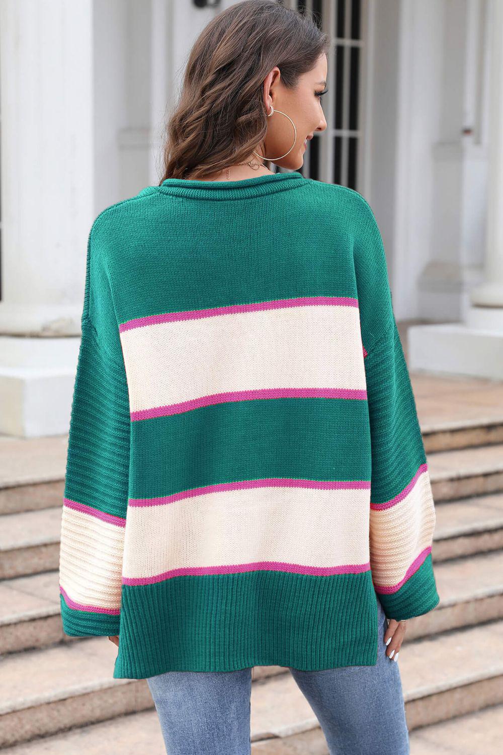 Striped Dropped Shoulder Side Slit Sweater BLUE ZONE PLANET