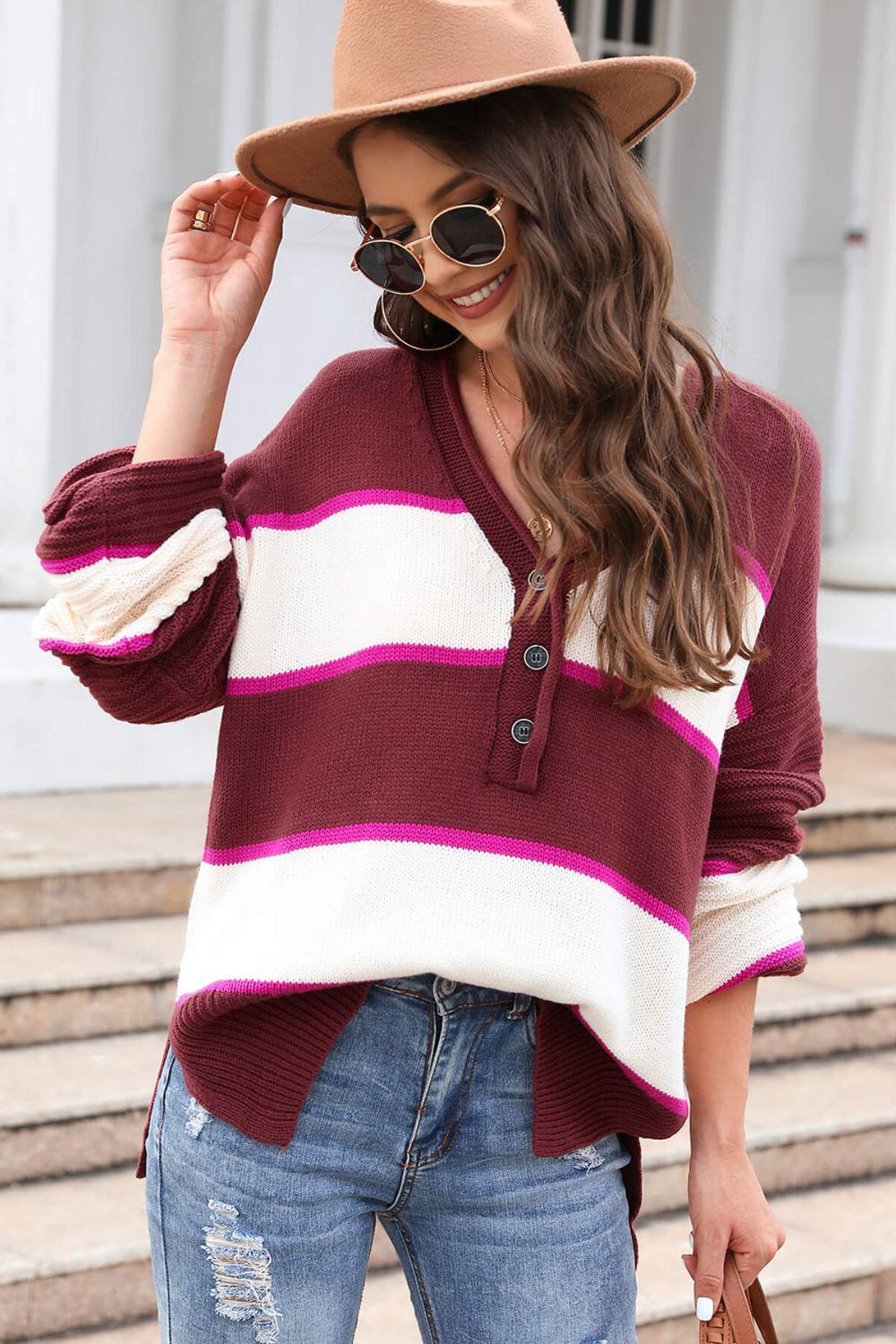 Striped Dropped Shoulder Side Slit Sweater BLUE ZONE PLANET