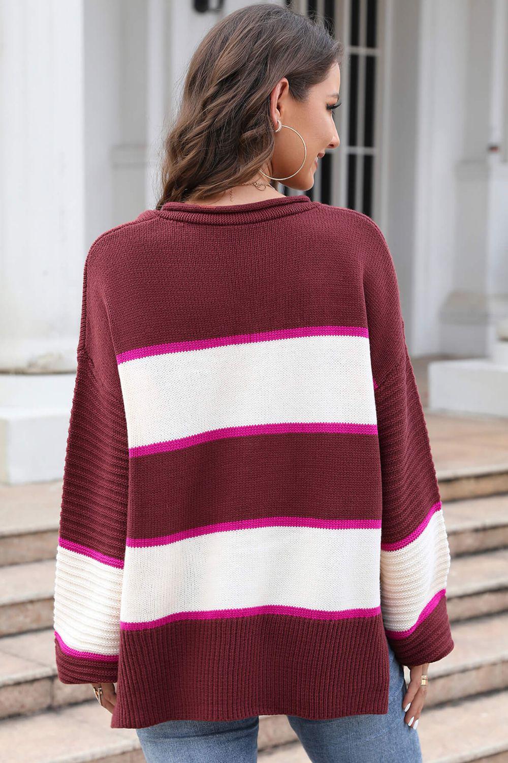 Striped Dropped Shoulder Side Slit Sweater BLUE ZONE PLANET