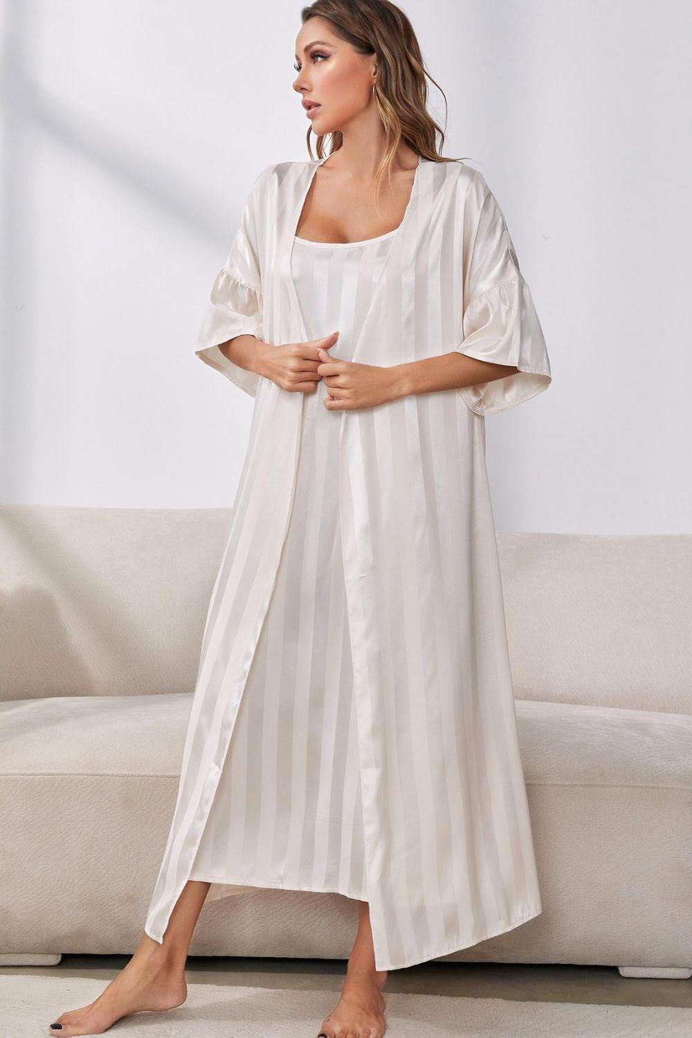 Striped Flounce Sleeve Open Front Robe and Cami Mini Dress Set BLUE ZONE PLANET