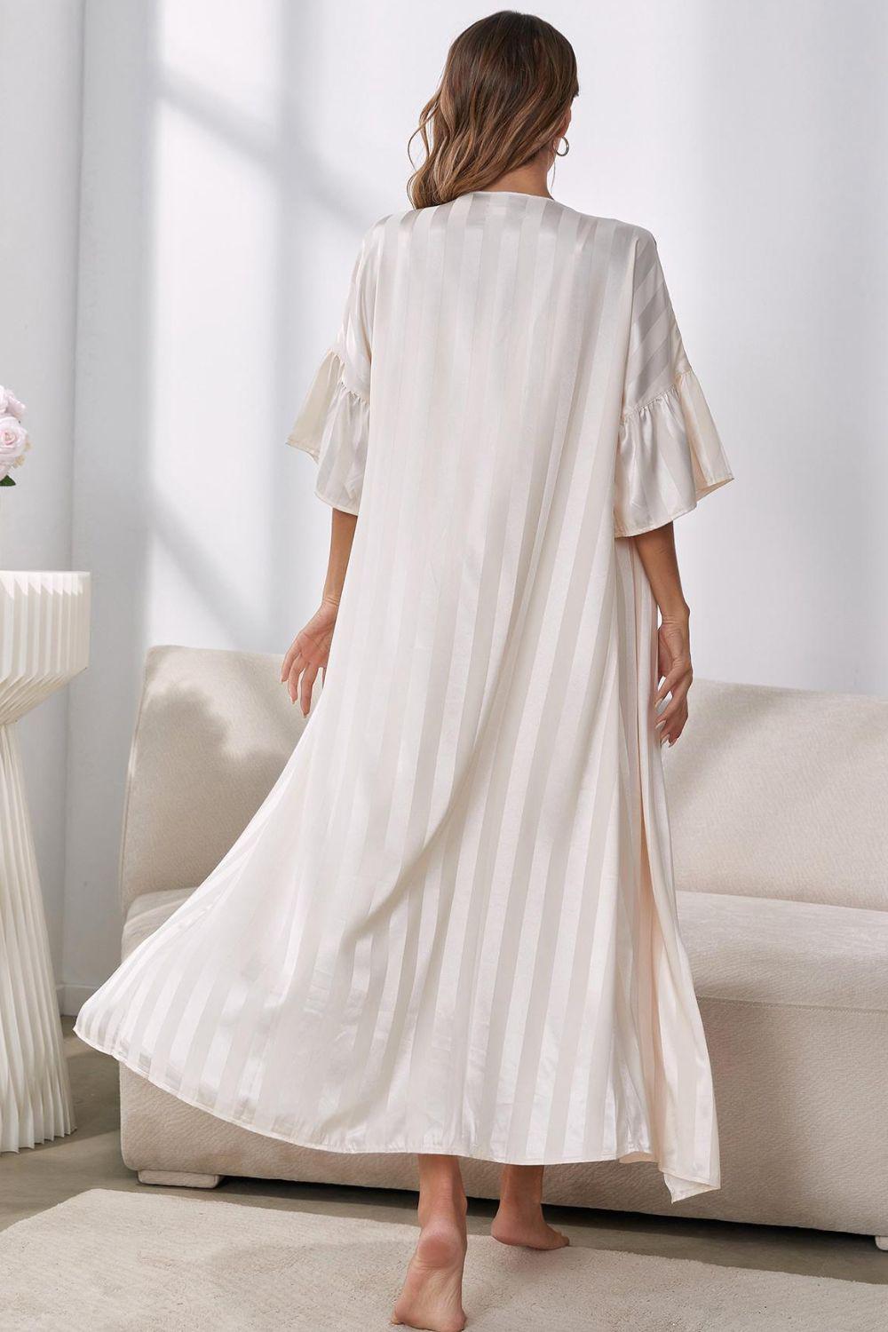 Striped Flounce Sleeve Open Front Robe and Cami Mini Dress Set BLUE ZONE PLANET
